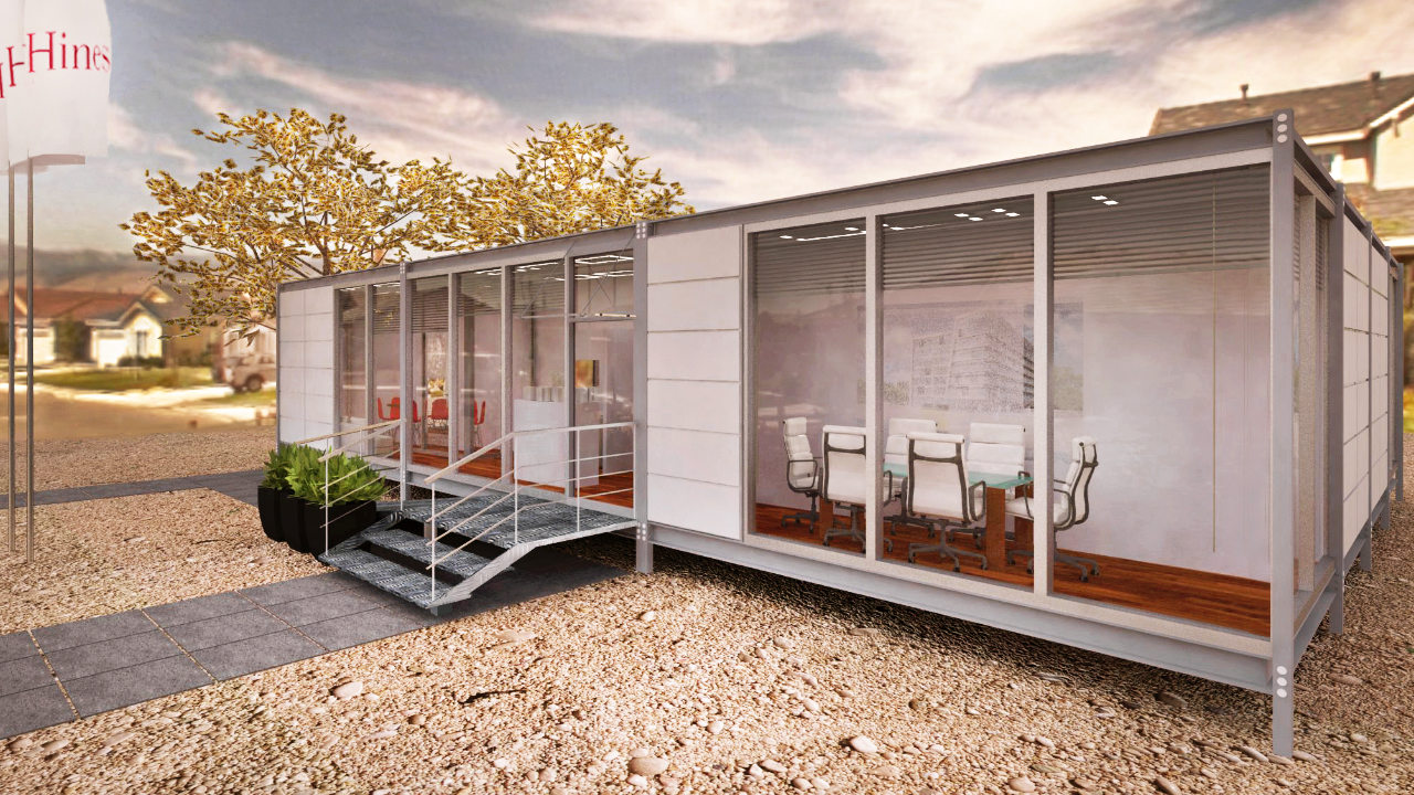 GLASS 150 m2 – Visualisierung eines modularen Vertriebsbüros.