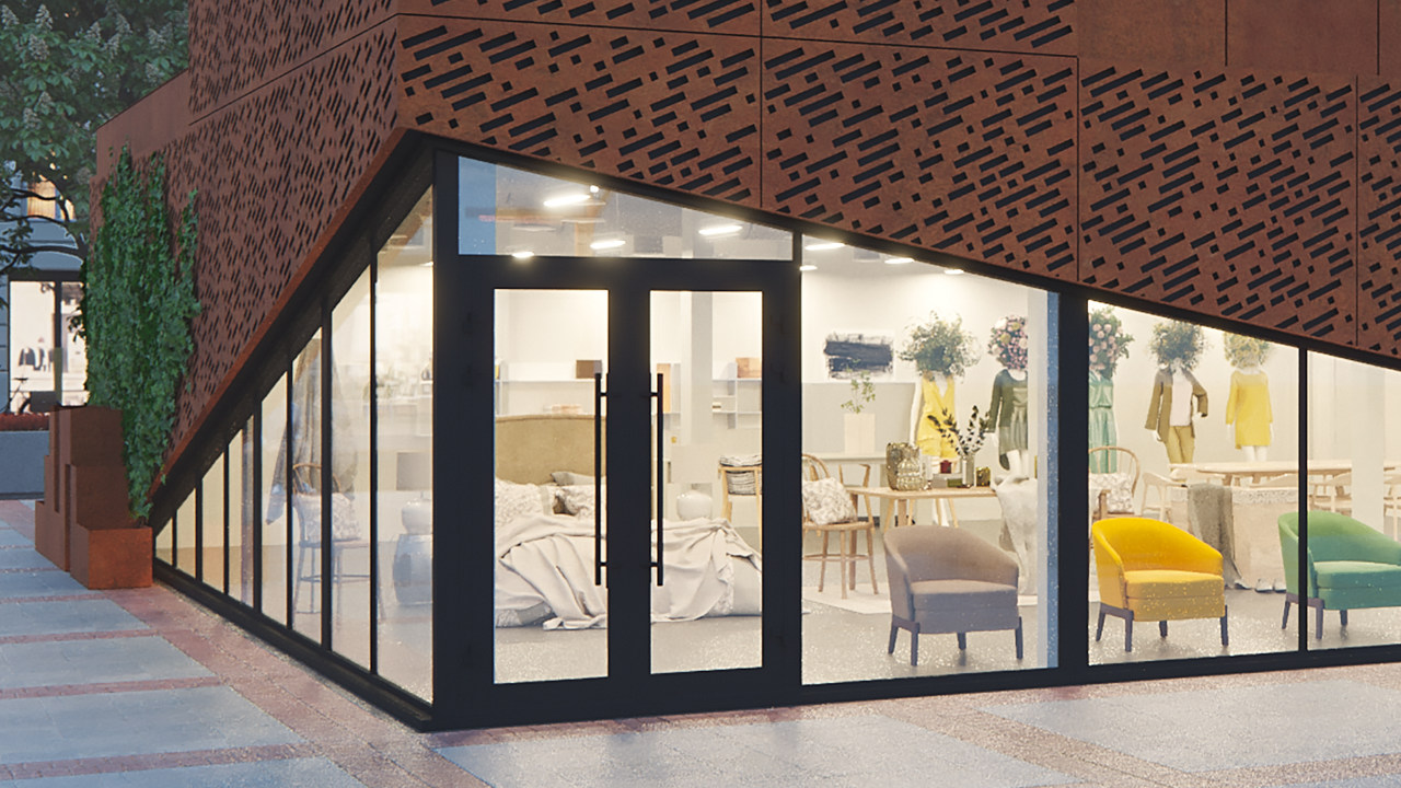 High Cube – Visualisierung eines Ausstellungspavillons, Fassade aus Cortenstahl.