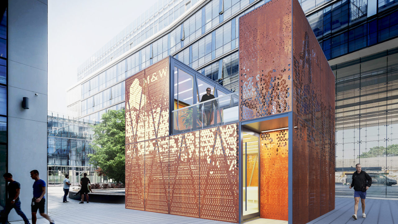 Zweigeschossiger Pavillon mit Terrasse, Fassade aus Cortenstahl