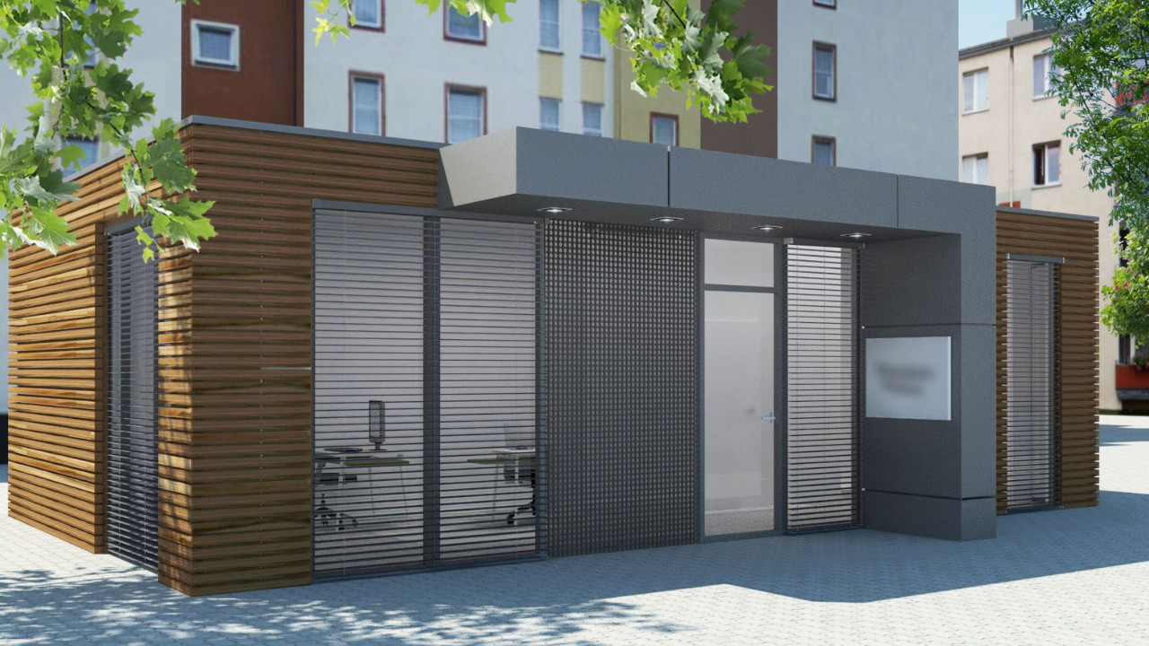 ZEZ PRO 60 m2 Rombo, Visualisierung eines Ausstellungsmoduls mit Holzfassade.