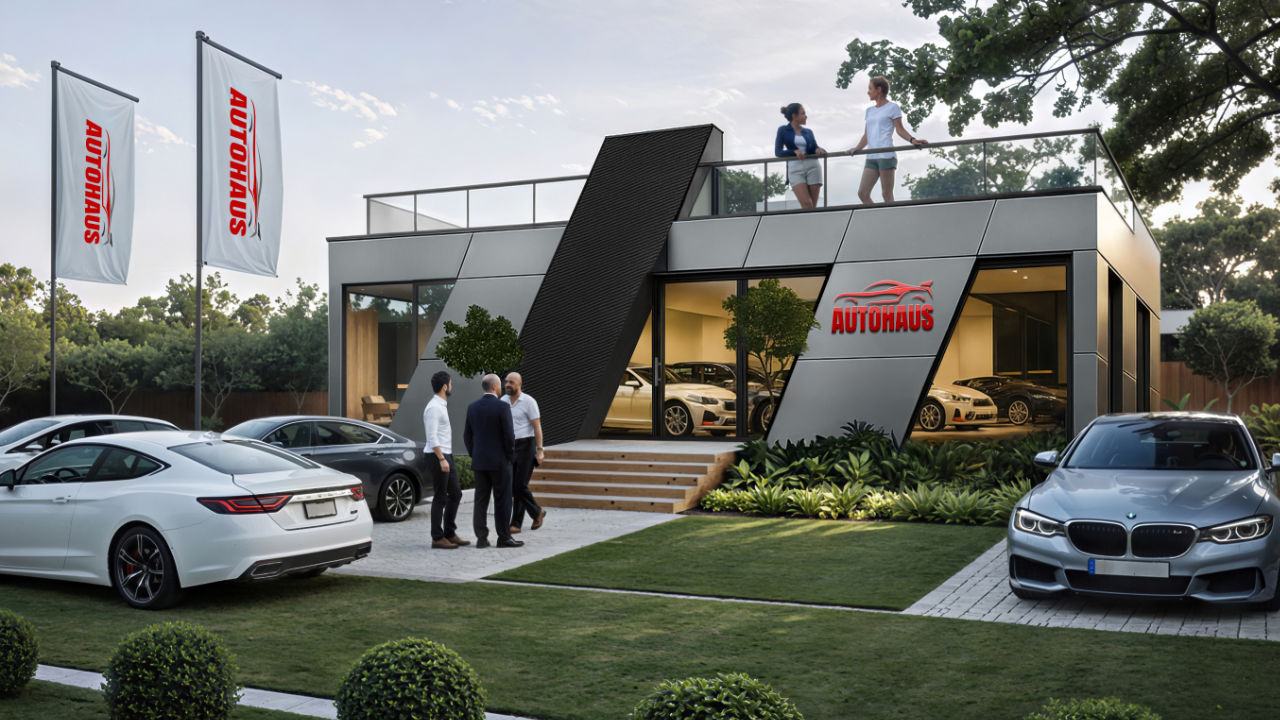 Automotive-Showroom mit Terrasse – moderner modularer Pavillon der ZEZ-Serie mit 72 m²