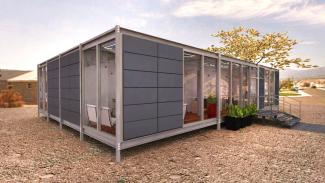 GLASS 150 m2, Fassade des Objekts aus Glas und dekorativen Stahlelementen.