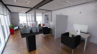 GLASS 150 m2, Ansicht der Ausführung des Büros im modularen Objekt.