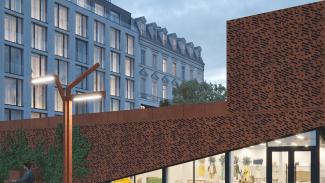 High Cube – Ausstellungspavillon, Detailansicht der Corten-Perforationsmuster.
