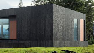 Shou Sugoi Ban 70 m2, Ansicht der Wand des Modulhauses, Holzfassade.