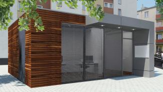 ZEZ PRO 60 m2 Rombo, die Fassade ist mit Holzplatten aus skandinavischer Fichte verkleidet