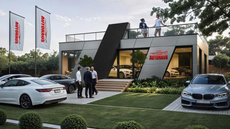Automotive-Showroom mit Terrasse – moderner modularer Pavillon der ZEZ-Serie mit 72 m²