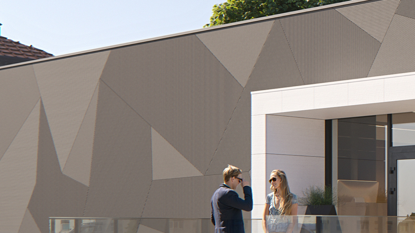Büro-Raummodul, Modulbauweise, Equitone-Fassade, Visualisierung
